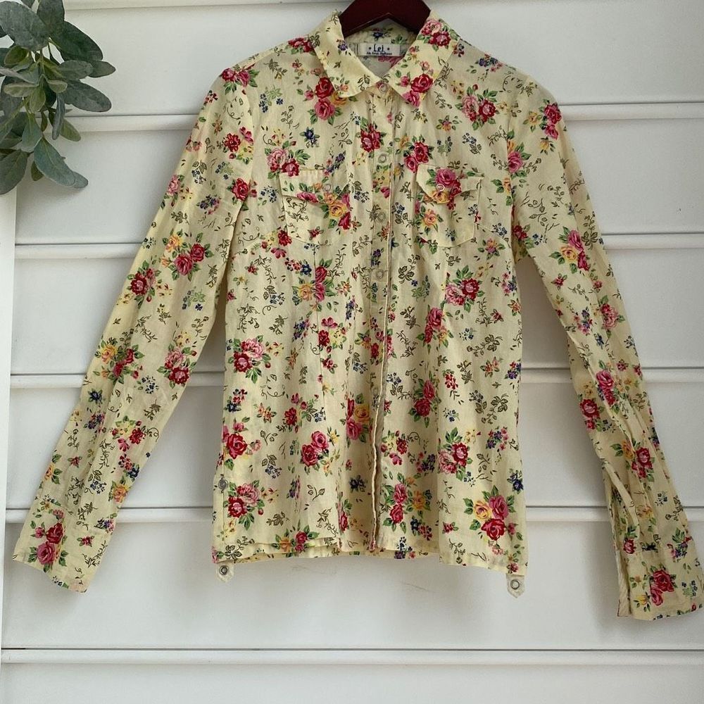 Lei Ladies Yellow Floral Western Rodeo Look Long Sleeve Cotton Shirt Junior XL‎